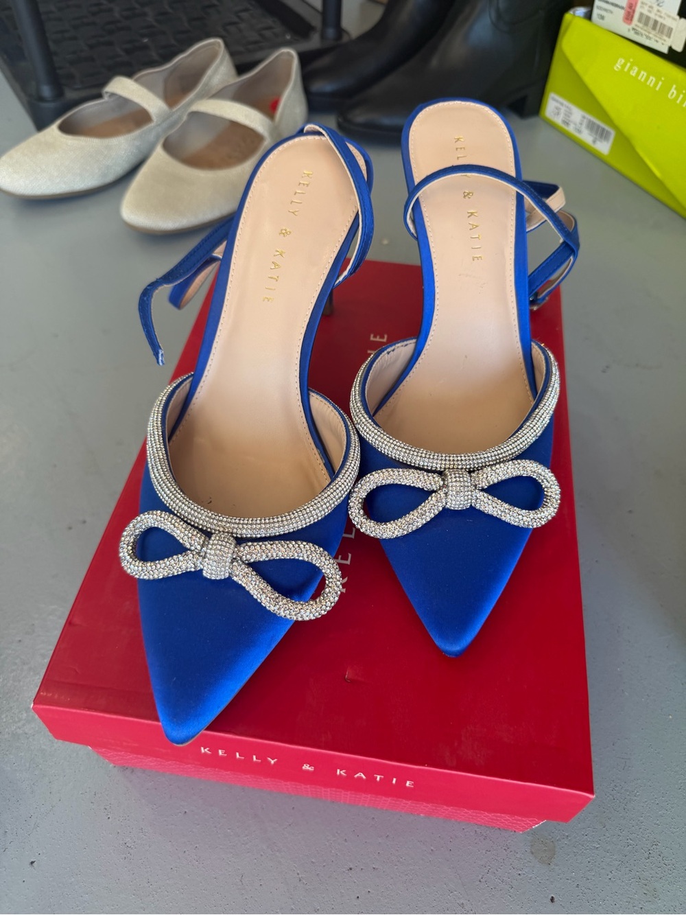 Kelly & Katie Royal Blue Satin Pointed Slingback Heels with Rhinestone Bow